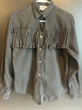 Vintage 90s Circle T Black Denim Fringe Western Shirt Cowgirl Cowboy Core Medium